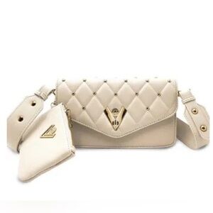 Valentino Orlandi Quilted Vegan Leather Crossbody Gold Accents & Wallet Bone NWT
